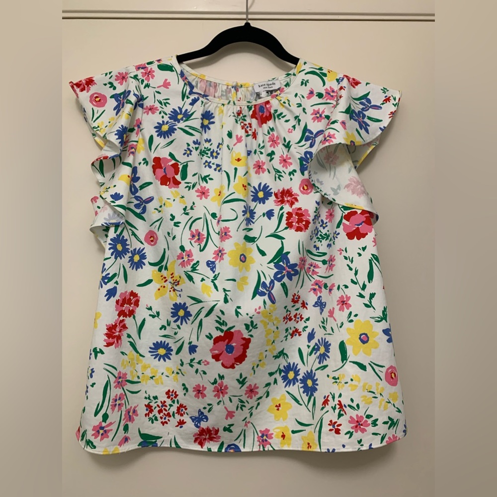 Garden Print Kate Spade Flutter-Sleeve Top, SZ Med